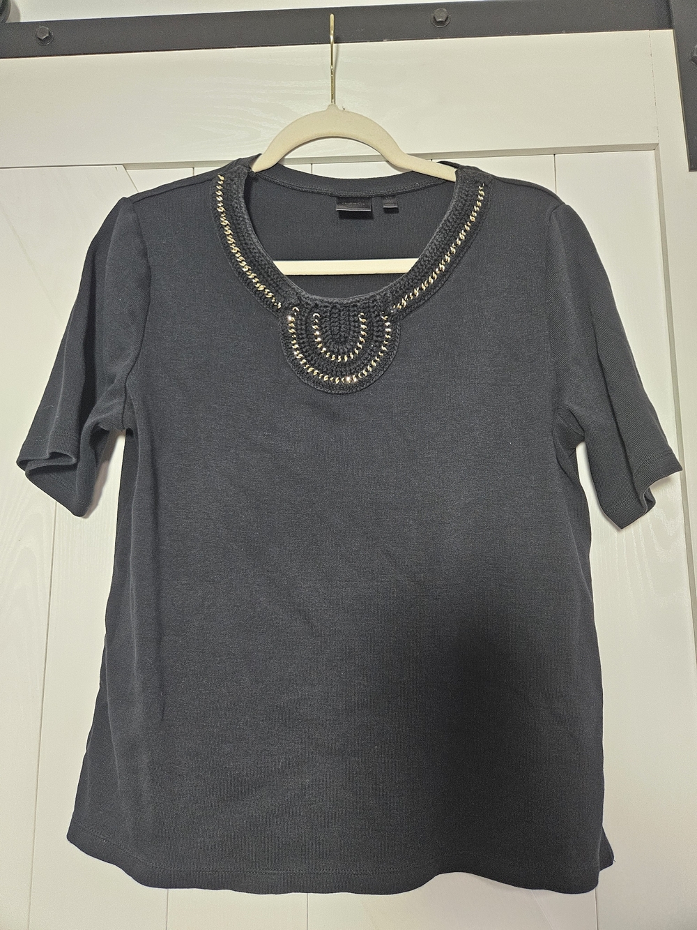 Rafaella Black Short Sleeve Top with Gold Beaded Necklace Detail
